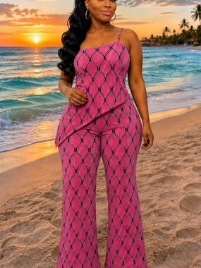 Women's Pink Patterned Wide-Leg Jumpsuit